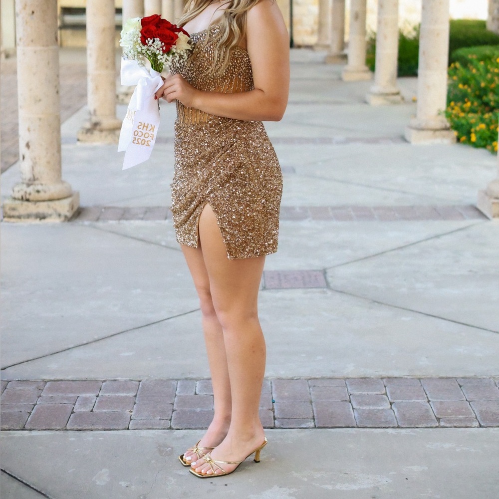 Ashley Lauren 4564 Strapless Gold Sequin Dress - Picture 2 of 2